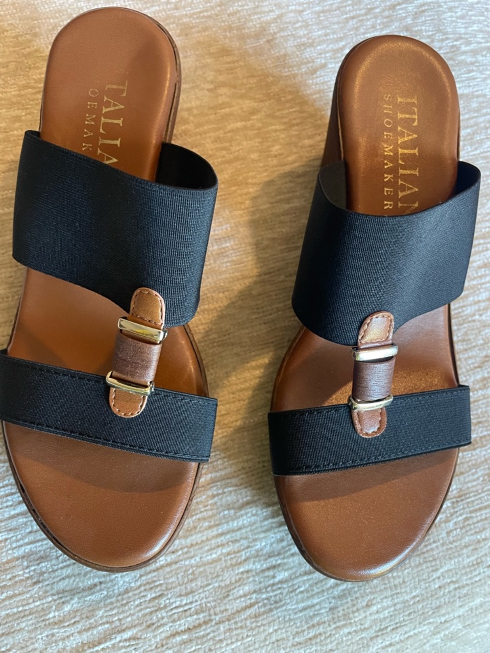Italian Shoemakers Black and Brown Elastic Strap Wedge Sandals